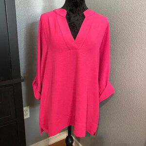 Calvin Klein Blouse Size L Hot Pink V-Neck Roomy Roll Tab Sleeves Dressy Casual